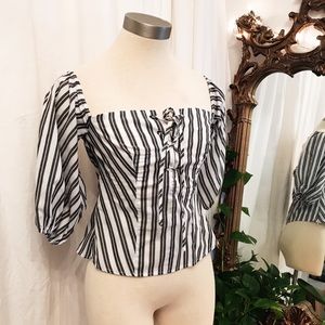 Stripe corset blouse with off the shoulder sleeves